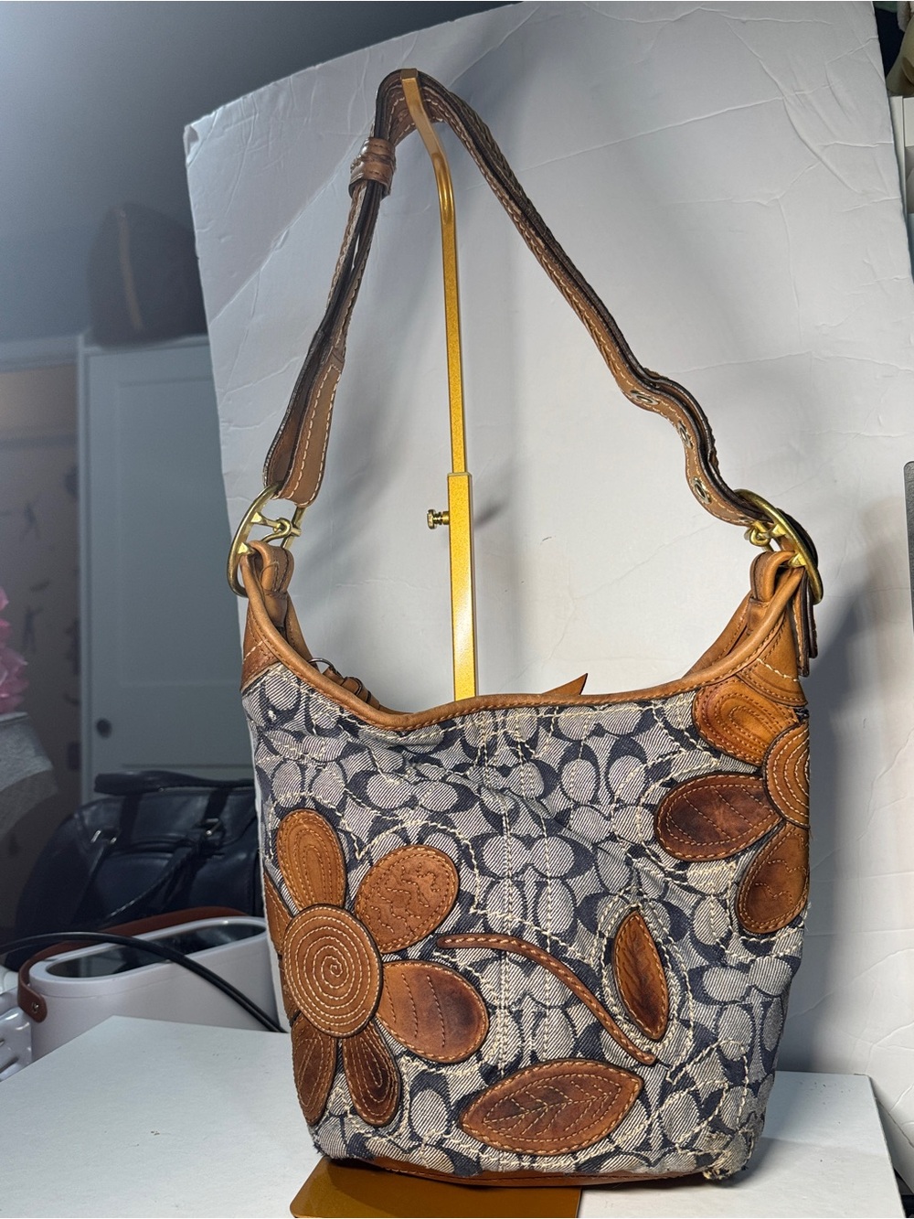 Coach denim Bleecker vintage rare duffle  Signature Floral Appliqué hobo 11781